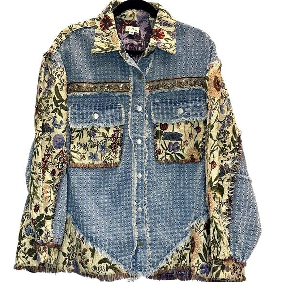 POL – Floral Tapestry Denim Beaded Shacket – Denim Multi – Size Medium - Picture 1 of 4